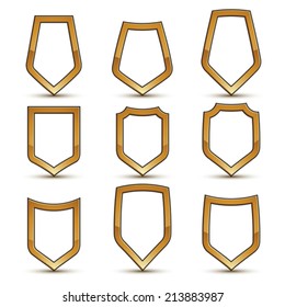 Vector stylized symbols with blank space isolated on white background. Glamorous shield shaped objects with golden borders, clear EPS 8, geometric glossy insignia.
