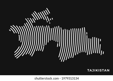 Vector of Stylized Tajikistan Map in Simple Striped White Flat Line on Black Background.