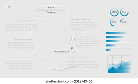 Vector of Stylized Tanzania Map in Simple; Soft; and Clear Futuristic Neumorphism Design on White Background. Minimalistic White Infographic 3D paper cut for User Interface Element.