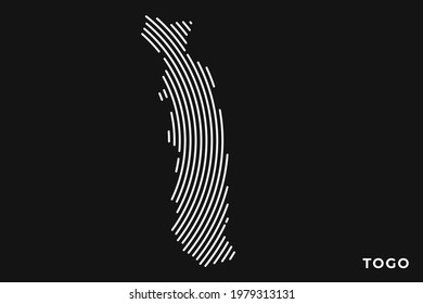 Vector of Stylized Togo Map in Simple Striped White Flat Line on Black Background.