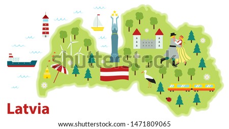 Vector stylized travel map of Latvia. Baltic sea. Flat style illustration. Dancing woman and man in traditional costumes. Latvian flag and symbols, animals and infrastructure.