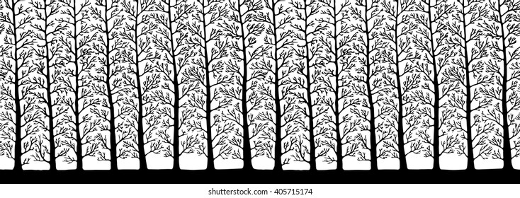 Vector. Stylized tree, Silhouettes of trees, seamless texture with trees. Panorama illustration. Postcards design.