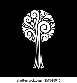 Vector stylized tree of teardrop-shaped and swirl element. Black and white icon. Simple decorative card. Concept of art and creation. Abstract illustration for print and web 