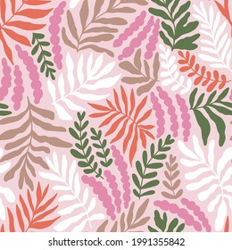 Vector stylized tropical leaves seamless pattern. Natural texture. Tropical repeat background for wallpaper or fabric.