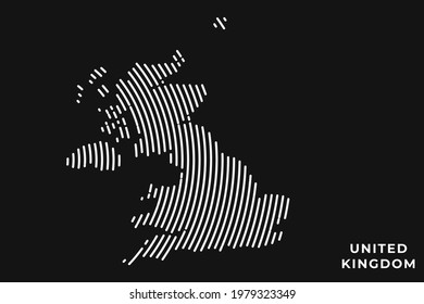 Vector of Stylized United Kingdom Map in Simple Striped White Flat Line on Black Background.