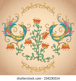 vector stylized vintage card  with fairy birds and flowers