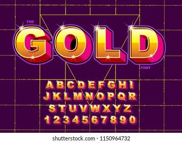 Vector of stylized vintage font and alphabet. 80's retro font. Vector typography for flyers, posters.Gold Effect shiny letters. 80s metallic style, vintage metal. Retro Futurism Sci-Fi.