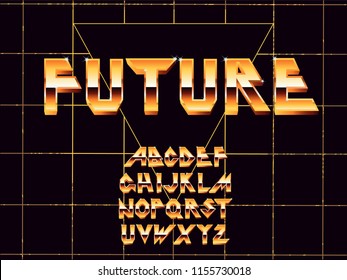 Vector of stylized vintage font and alphabet. 80's retro font. Vector typography for flyers, posters.Gold Effect shiny letters. 80s metallic style, vintage metal. Retro Futurism Sci-Fi.