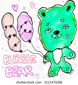 Vector stylized watercolor image of an airy green bear with balloons