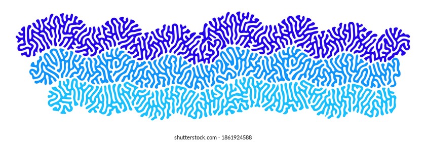 Vector stylized waves, sea. Isolated  doodle drawing curve line, corals, natural shape. Blue shades.