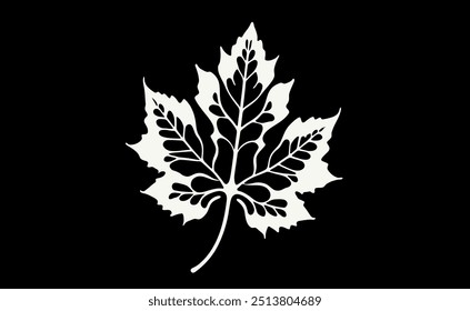 The vector stylized white grape leaf on black background