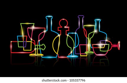 Vektorgrafik von stilisierten Weinflaschen und Glassymbolen