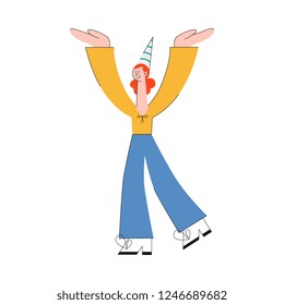 Vector stylized woman dancing at party in party hat raising hands up. Smiling cute female character having fun at corporate party, birthday or holiday celebration event. Isolated illustration