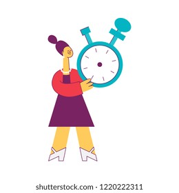 Vector stylized woman on white heels holding vintage stopwatch. Female character, office worker or manager and time management, deadlines concept. Isolated illustration
