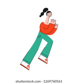 Vector stylized woman running in fast pace smiling. Happy female cute sportsman working out, student or businessman in a hurry. Active young character, healthy lifestyle. Isolated illustration