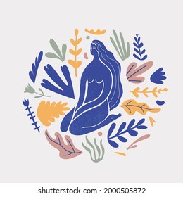 Mujer estilizada vectorial sentada con flores, pelo largo, iluminación de silueta azul. Concepto femenino, ilustración artística. Usar como afiche, imprimir para camiseta, elemento de diseño para productos de belleza. 