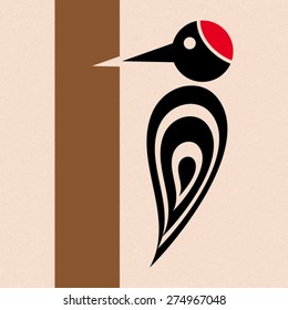 Vector stylized woodpecker icon with tree creative card