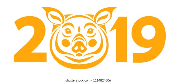 Vector stylized yellow pig face with numbers 2019 new year on white background greeting card template