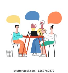 Vector stylized young woman and men colleagues disscussing business project or developing process sitting at table with laptop, empty speech bubble above head talking to each other gesticulating