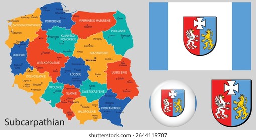 Vector of Subcarpathia Region, Poland, featuring the official flag, coat of arms, and map. Great for Polish heritage, education, and editorial design.
