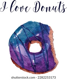 Vector sublimation file with the inscription I love a donut and a watercolor blue-purple donut on a transparent background