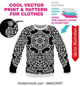 Vector sublimation print for printing on clothes. Illustration for print on tshirt, sweatshirt, shirt, sweater, cardigan, pullover, bag, leggings, souvenirs, tablecloth, socks. Online constructor