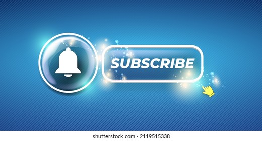 Vector subscribe now horizontal banner with ring bell and button on blue modern background. Vector SUBSCRIBE NOW sign, sticker, label, icon, poster and badge isolated on stylish bue background