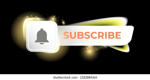 Vector subscribe now horizontal banner with ring bell and button on black modern background. Vector SUBSCRIBE NOW sign, sticker, label, icon, poster and badge isolated on stylish black background