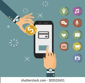 Vector Subscription Business Model Concept In Flat Style - Mobile Phone With Button Subscribe - App Or Service Available On Monthly Subscription Basis