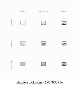 Subtítulos vectoriales iconos de subtítulos cerrados con diferentes pesos de trazo como luz, regular y grueso, así como diferentes estilos como redondo, agudo y duotono