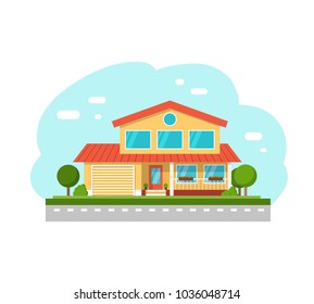 Vector suburban cottage private houses, street view. Flat Style Townhouse. Vector Illustration.