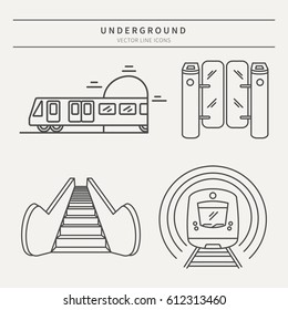 Vector subway icons and badge. Graphic design elements in outline style for packaging, apps, website, advertising, poster and brochure