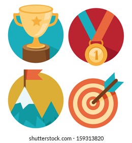 Vector success concepts - bowl, goal, medal, summit - icons and illustrations in flat style