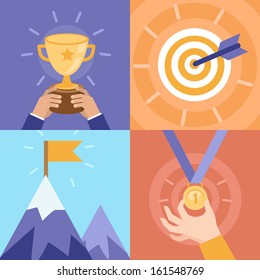 Vector success concepts - bowl, goal, medal, summit - icons and illustrations in flat style