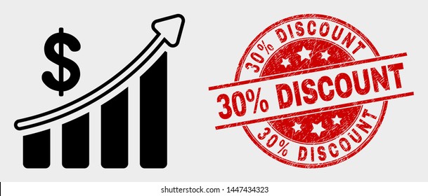 Vector success financial chart icon and 30% Discount seal stamp. Red round textured stamp with 30% Discount caption. Vector combination for success financial chart in flat style.