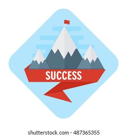Vector success. Flag on the mountain peak. Business concept, goal achievement, success, winning. Flat cartoon illustration. Objects isolated on white background.