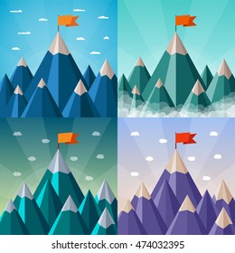 Vector success and leadership concepts set with mountain landscape