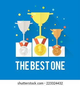 Vector success win concept with gold, silver and bronze medal and confetti. Modern icon illustrations in flat style