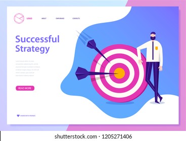 Vector successful busines strategy concept. Web page, poster, flyer. Man standing near the target with arrows.  Goal achievement illustration