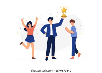 Vector of successful business man holding a trophy