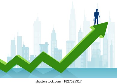 Vector of a successful businessman standing on a green arrow growing up looking at a city 