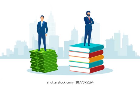 Vector of successful businessmen standing on a pile of books and money bills.