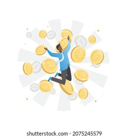 Vector, successful, happy, rich man millionaire jumping for joy in wealth, against background of rain of gold coins, cash. Guy received salary, earnings, won lot of money, jackpot in lottery. Winner.