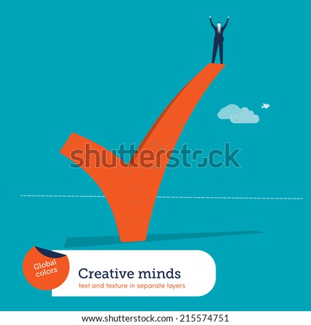 Vector successful man standing on ok sign. Vector illustration Eps10 file. Global colors. Text and Texture in separate layers.