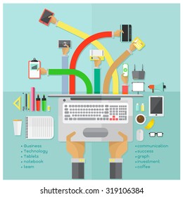 vector Successful teamwork and office equipment Arm length pencils pens erasers coffee screen phone signal amplifier flammable graph Trust bread on blue background