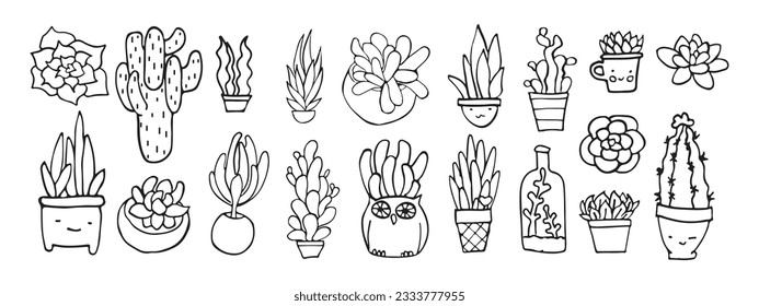 Juego de doodles suculentos vectoriales, colección aislada sobre fondo blanco, página de coloreado de la planta de contorno, decoración interior, conjunto de íconos de jardinería, terrario de cactus de línea dibujada a mano