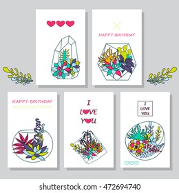Vector succulent frame.set of postcards, template,Terrariums with flowers. 