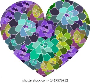 Vector succulent heart. Violet, green, pink, yellow, turquoise elements.