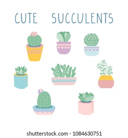 Vector succulents and cacti illustration set. Cute succulent in pot. Home plants clipart.