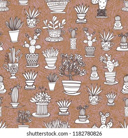 Vector succulents and cacti seamless pattern with cute botanical doodles.